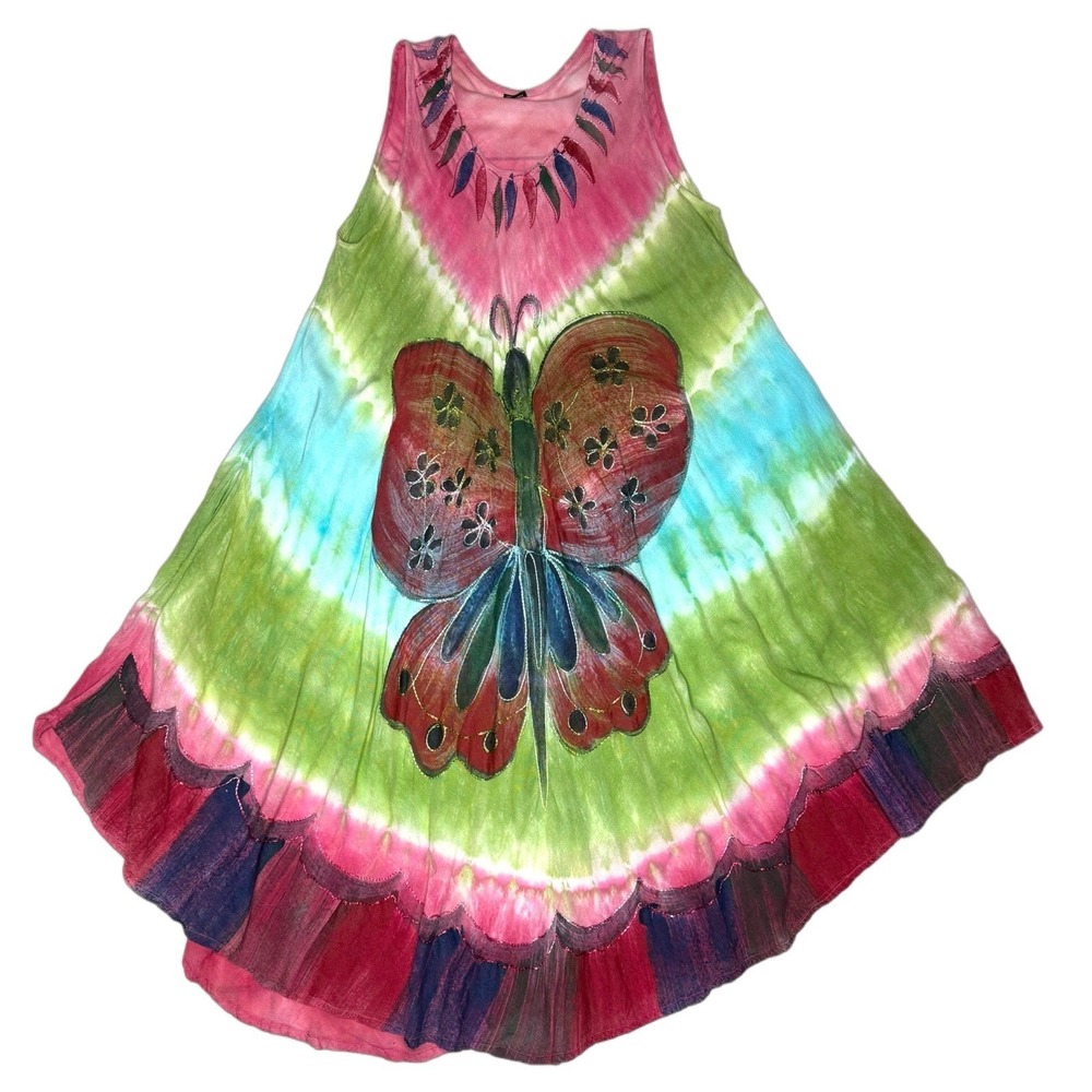 India Free Size Colorful Tie Dye Butterfly Embroidered Asymmetrical Dress